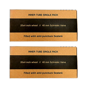 Two heavy-duty 20x4 fat tire self-sealing bicycle tubes for e-bikes, shown side by side with packaging labeled "eBike 2 Pack."
