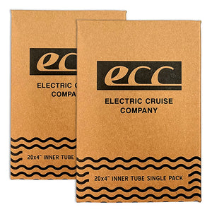 Two heavy-duty 20x4 fat tire self-sealing bicycle tubes for e-bikes, shown side by side with packaging labeled "eBike 2 Pack."