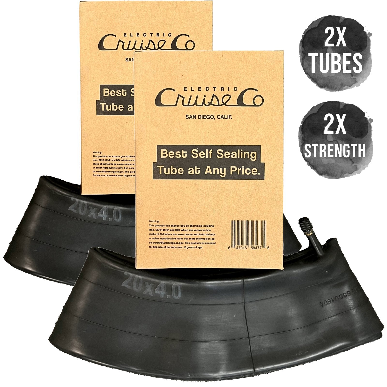Two heavy-duty 20x4 fat tire self-sealing bicycle tubes for e-bikes, displayed side by side with packaging labeled "eBike 2 Pack."