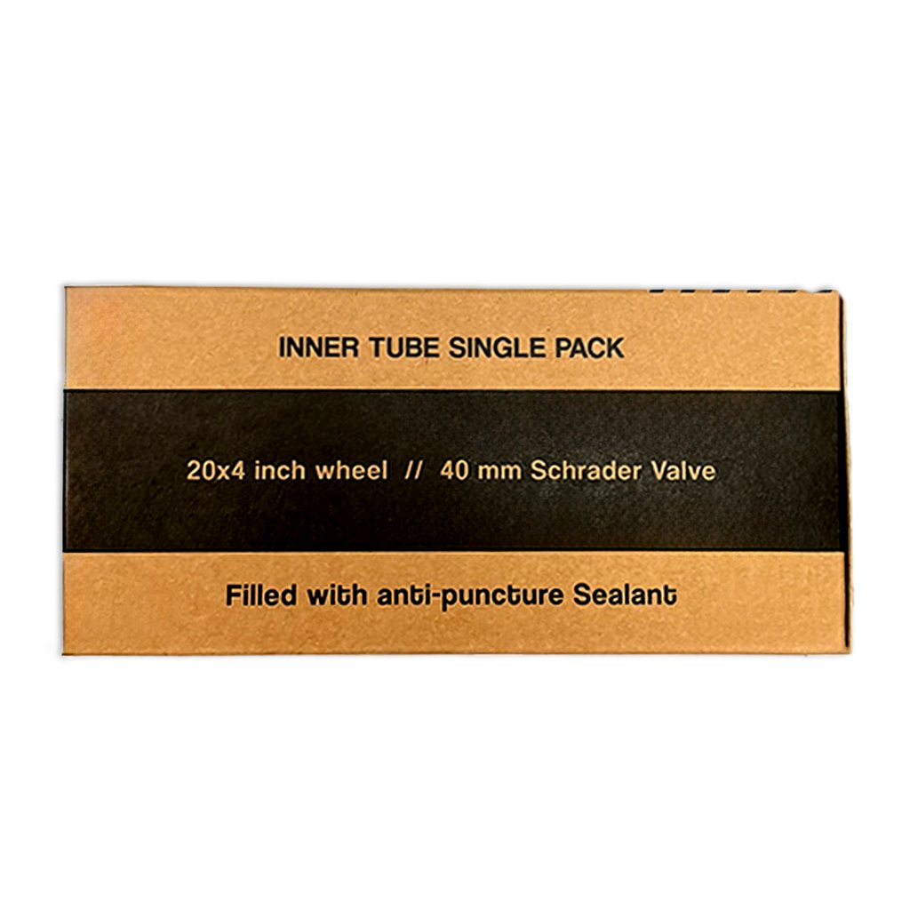 Product image of an eBike 20x4 fat tire self-sealing bicycle tube with a Schrader valve, designed for heavy-duty e-bike use.