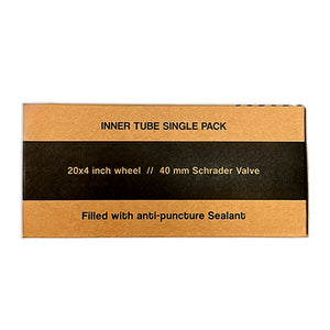 Product image of an eBike 20x4 fat tire self-sealing bicycle tube with a Schrader valve, designed for heavy-duty e-bike use.