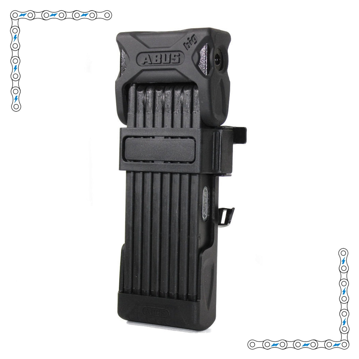 A black Abus Big folding lock designed for electric bikes, shown folded with its secure locking mechanism visible.
