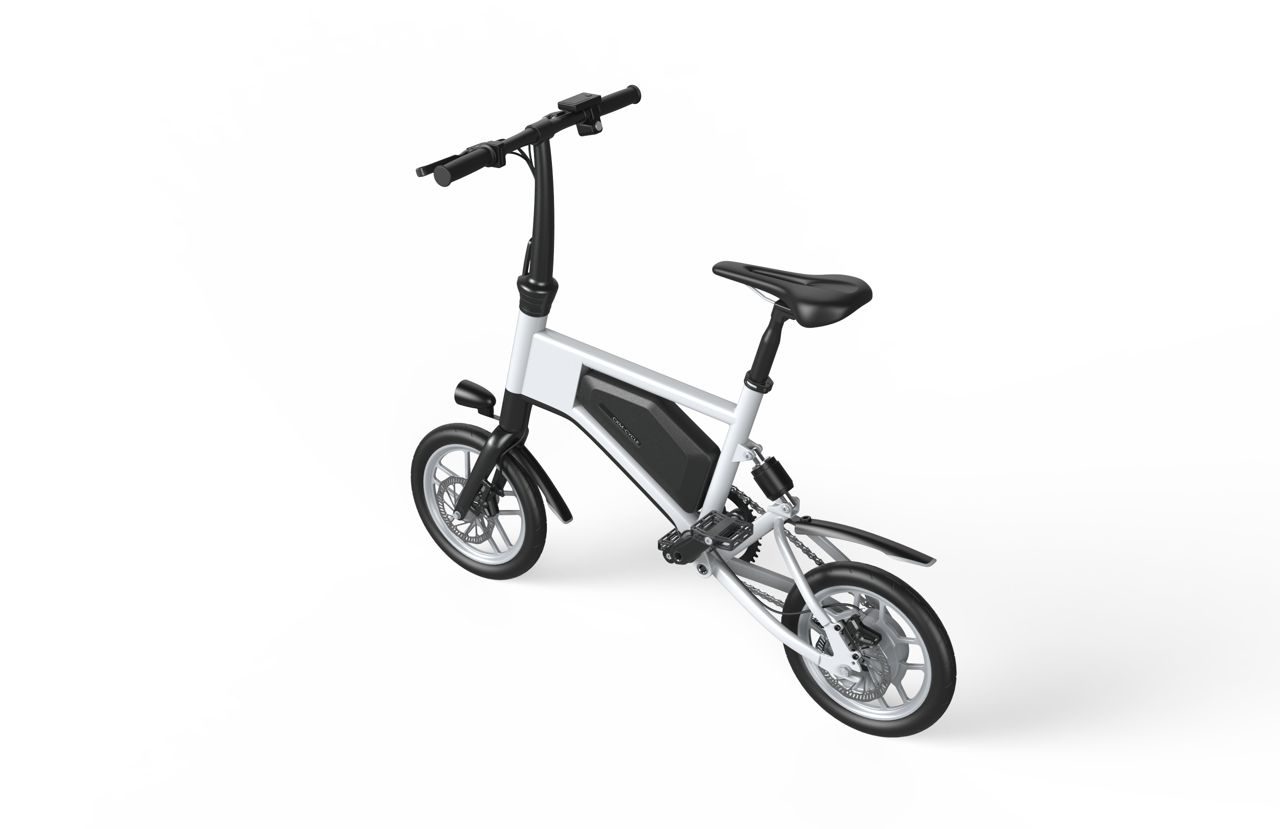 White Ampira X5 eBike, side view, showcasing frame design and wheels against a plain background