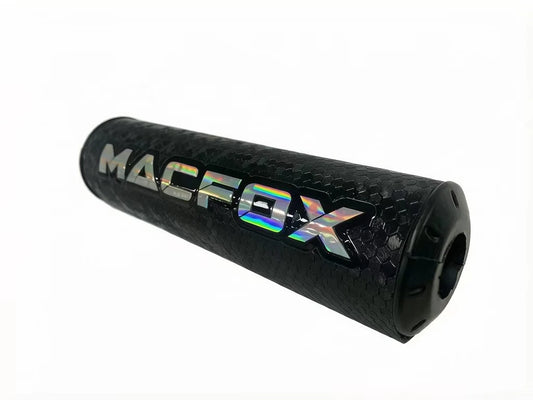 A black Macfox universal eBike bar pad with white logo, shown mounted on handlebars.
