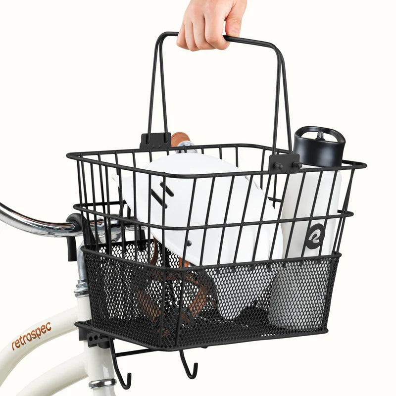 Black Retrospec Apollo steel eBike basket attached to a bicycle, product image showcasing the basket's design and structure.