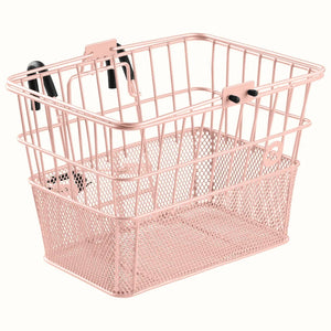 Blush pink Retrospec Apollo steel bike basket attached to an eBike, product image on white background