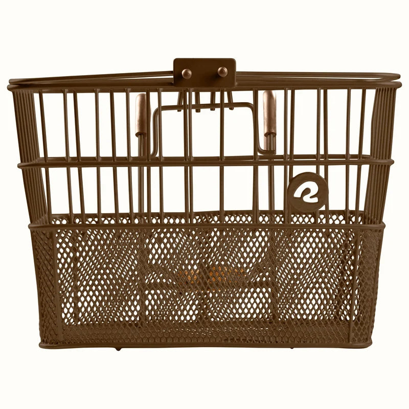 Brown Retrospec Apollo steel bike basket attached to an eBike, product image showing basket design and structure.