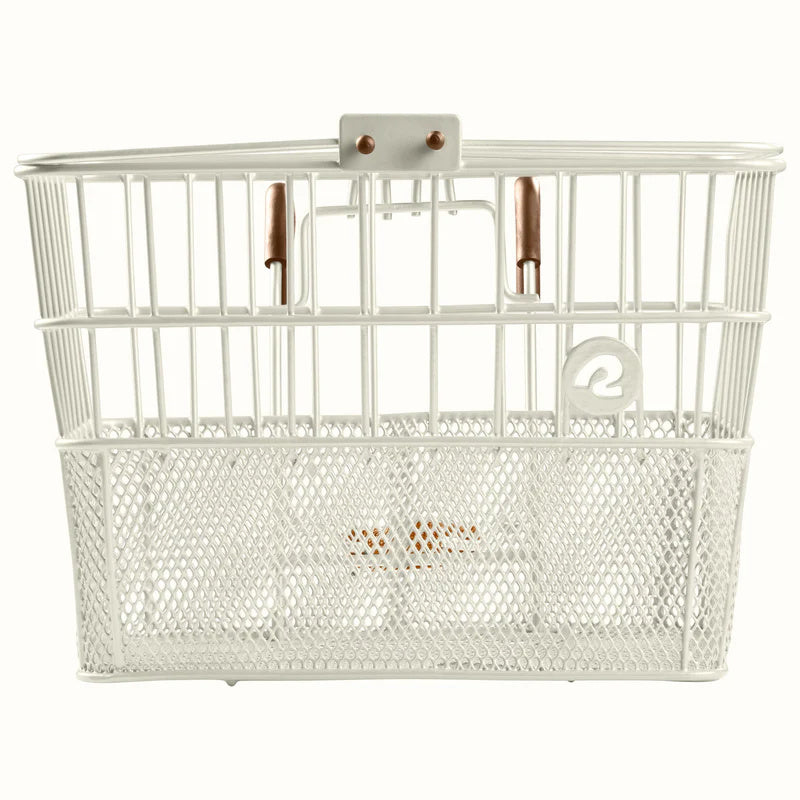 Retrospec Apollo steel bike basket in eggshell color, attached to an eBike, product image.