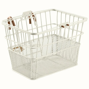 Retrospec Apollo steel bike basket in eggshell color, mounted on an eBike, product image.