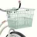 Retrospec Apollo steel bike basket in matcha green, mounted on the front of an eBike.