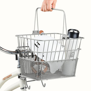 Silver Retrospec Apollo steel eBike basket attached to a bicycle, product image showing front and side view.