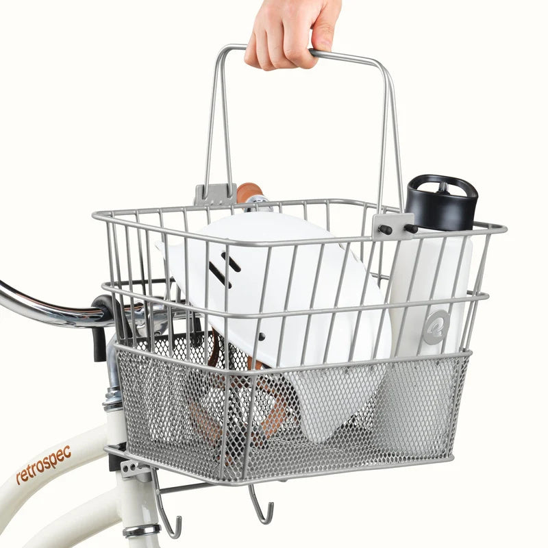 Silver Retrospec Apollo steel eBike basket attached to a bicycle, product image showing front and side view.