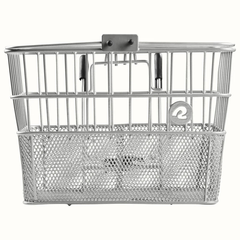 Silver Retrospec Apollo steel bike basket attached to an eBike, side view, product image