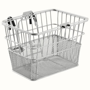 Silver Retrospec Apollo steel eBike basket attached to bicycle handlebars, product image on white background.