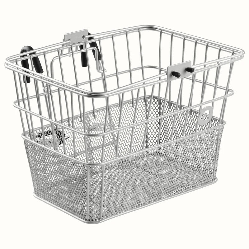 Silver Retrospec Apollo steel eBike basket attached to bicycle handlebars, product image on white background.
