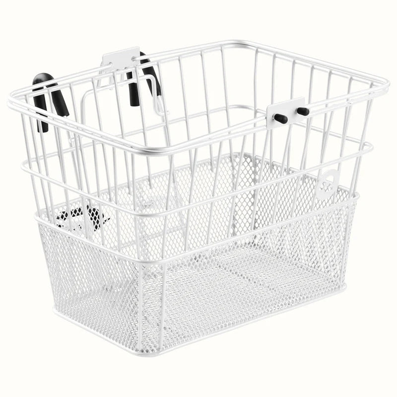 White Retrospec Apollo steel eBike basket attached to a bicycle, shown from a side angle against a plain background.