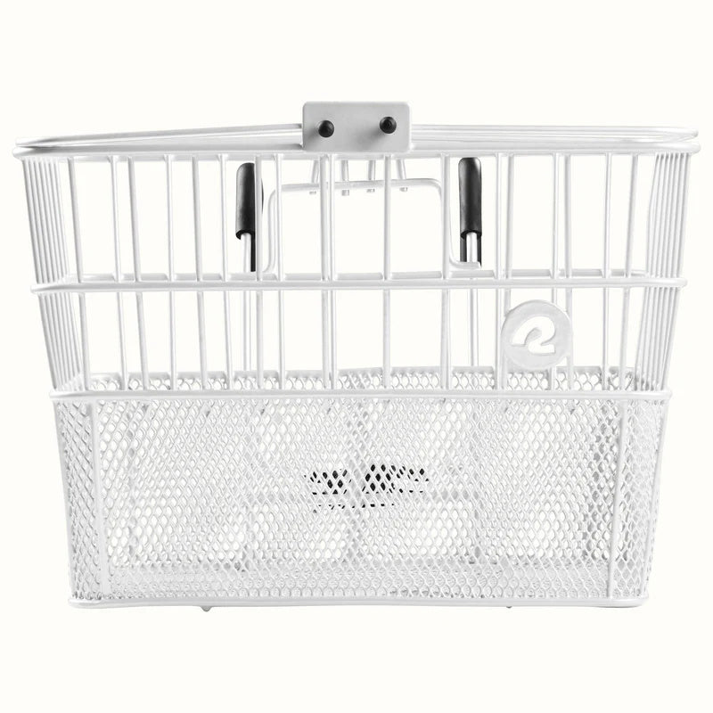 White Retrospec Apollo steel eBike basket attached to a bicycle, product image on white background.