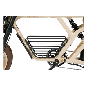 Side view of the Revi Cougar Pro eBike with a black front basket accessory attached, displayed on a white background.