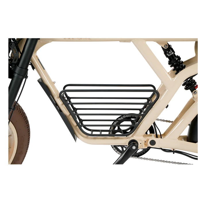 Side view of the Revi Cougar Pro eBike with a black front basket accessory attached, displayed on a white background.