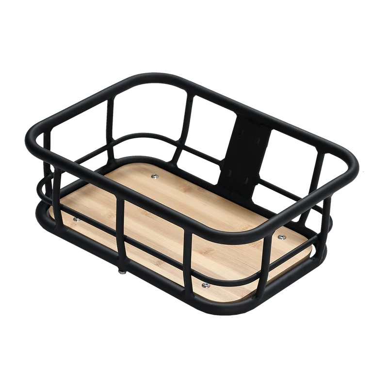 Mid-size black metal front basket attached to an eBike, shown from a front angle.