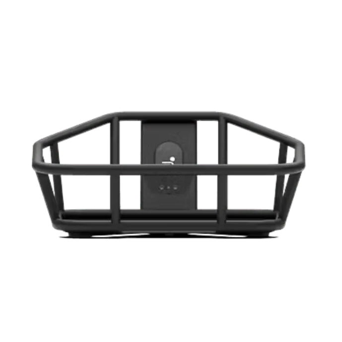 Front view of the Segway eBike front basket accessory attached to an eBike, showing its sturdy metal frame and spacious design for carrying items.