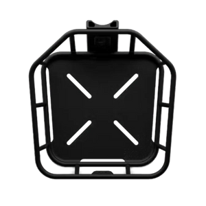 Front view of the Segway eBike front basket accessory attached to an eBike, showing the black metal basket securely mounted above the front wheel.
