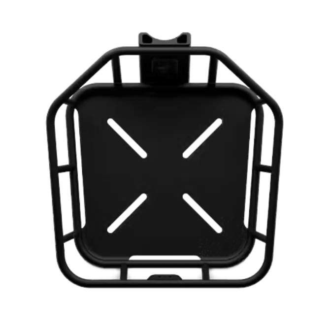 Front view of the Segway eBike front basket accessory attached to an eBike, showing the black metal basket securely mounted above the front wheel.