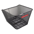 Black metal mesh basket mounted on top of an eBike rear rack, shown from a side angle against a white background.