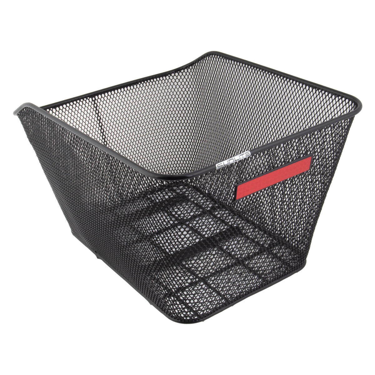 Black metal mesh basket mounted on top of an eBike rear rack, shown from a side angle against a white background.