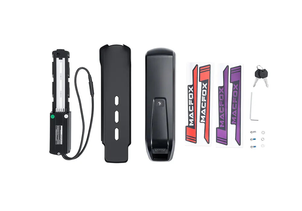 Black Macfox X1S eBike accessory battery, rectangular shape with visible connector ports, displayed on a white background.