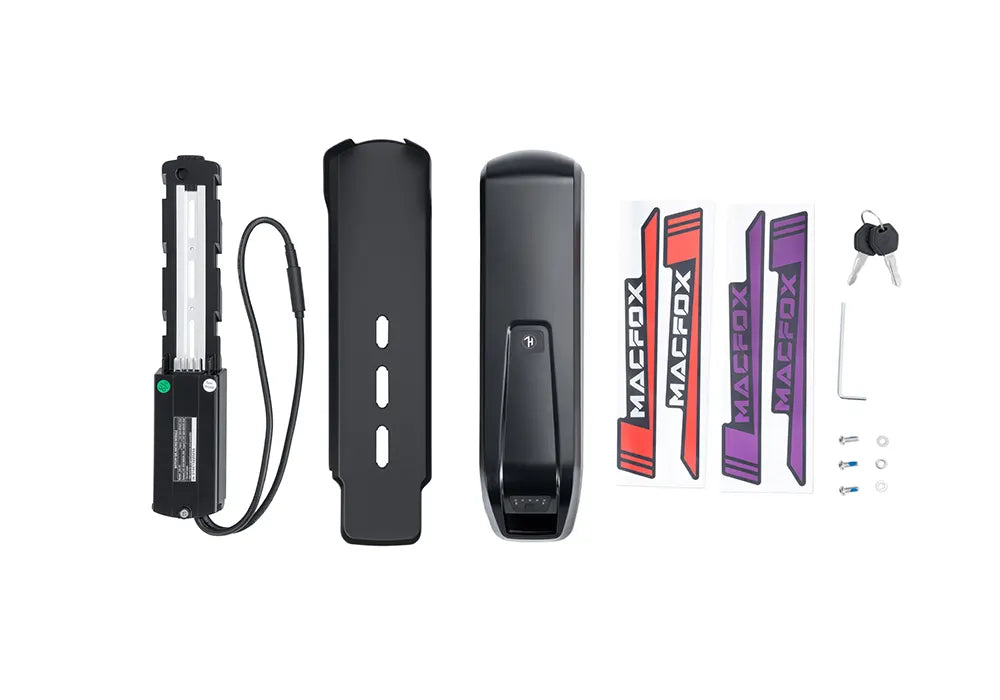 Macfox X2 Pro eBike battery upgrade kit, showing the battery pack and connectors on a white background