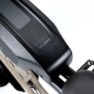 Side view of the Super73 Pro 750 eBike battery showing its sleek black casing and branding.