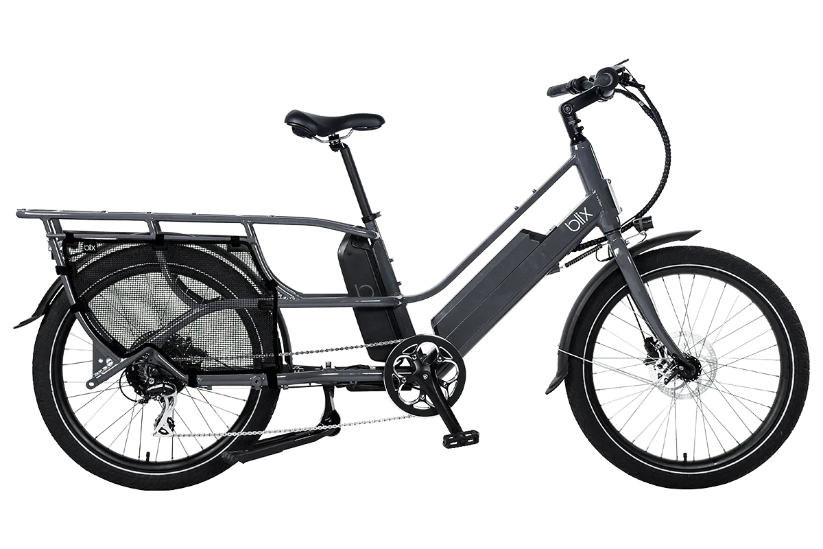 Blix Packa Genie Step-Thru 750W electric cargo eBike in gray, side view, with rear and front cargo racks
