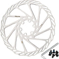 A 180mm eBike brake rotor with a silver finish, featuring multiple cutouts for heat dissipation, displayed against a plain background.