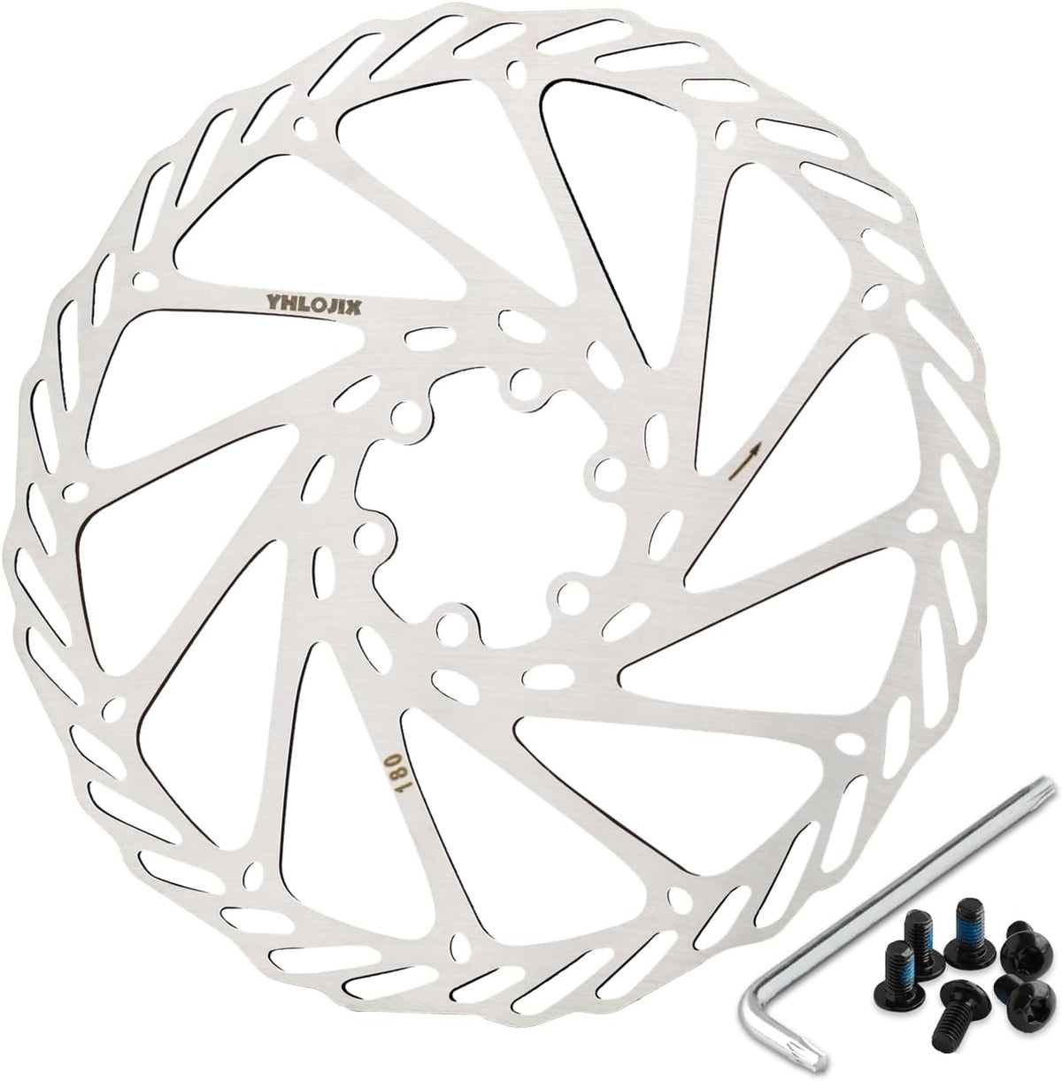 A 180mm eBike brake rotor with a silver finish, featuring multiple cutouts for heat dissipation, displayed against a plain background.