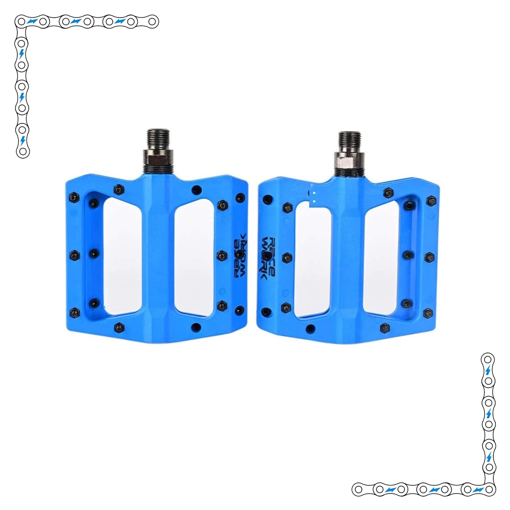 Electric blue eBike pedals with a bright, vibrant finish designed for electric bikes, product image.