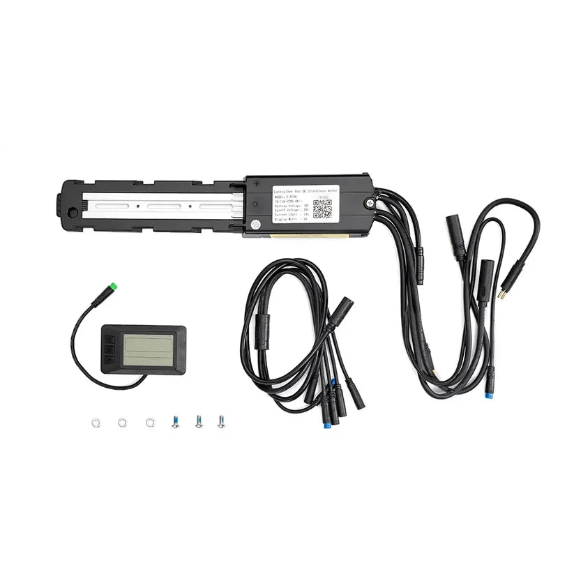Macfox X7 and X7L eBike control system 3-piece bundle, including display, controller, and wiring components, arranged on a white background.