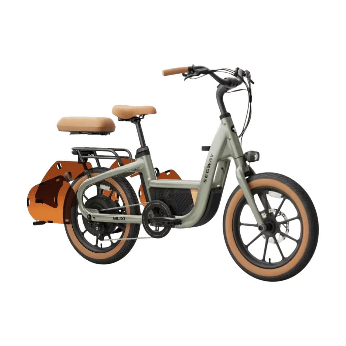 Segway Muxi eBike with Passenger Kit accessory installed, side view showing rear seat and footrests