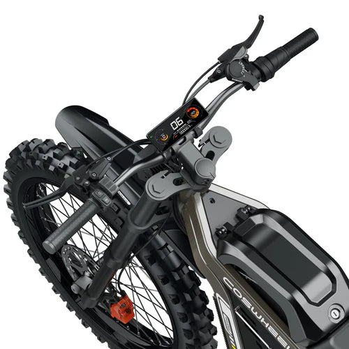 Coswheel R19 electric bike in black, shown from a side angle with thick tires, front suspension, and a sturdy frame, displayed on a white background.