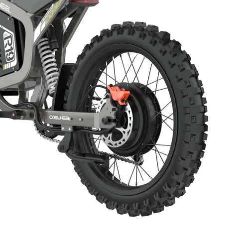 Coswheel R19 electric bike in black, side view, parked on pavement with urban background