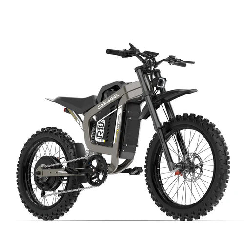 Coswheel R19 electric bike in gray, side view, showcasing its frame, wheels, and battery compartment
