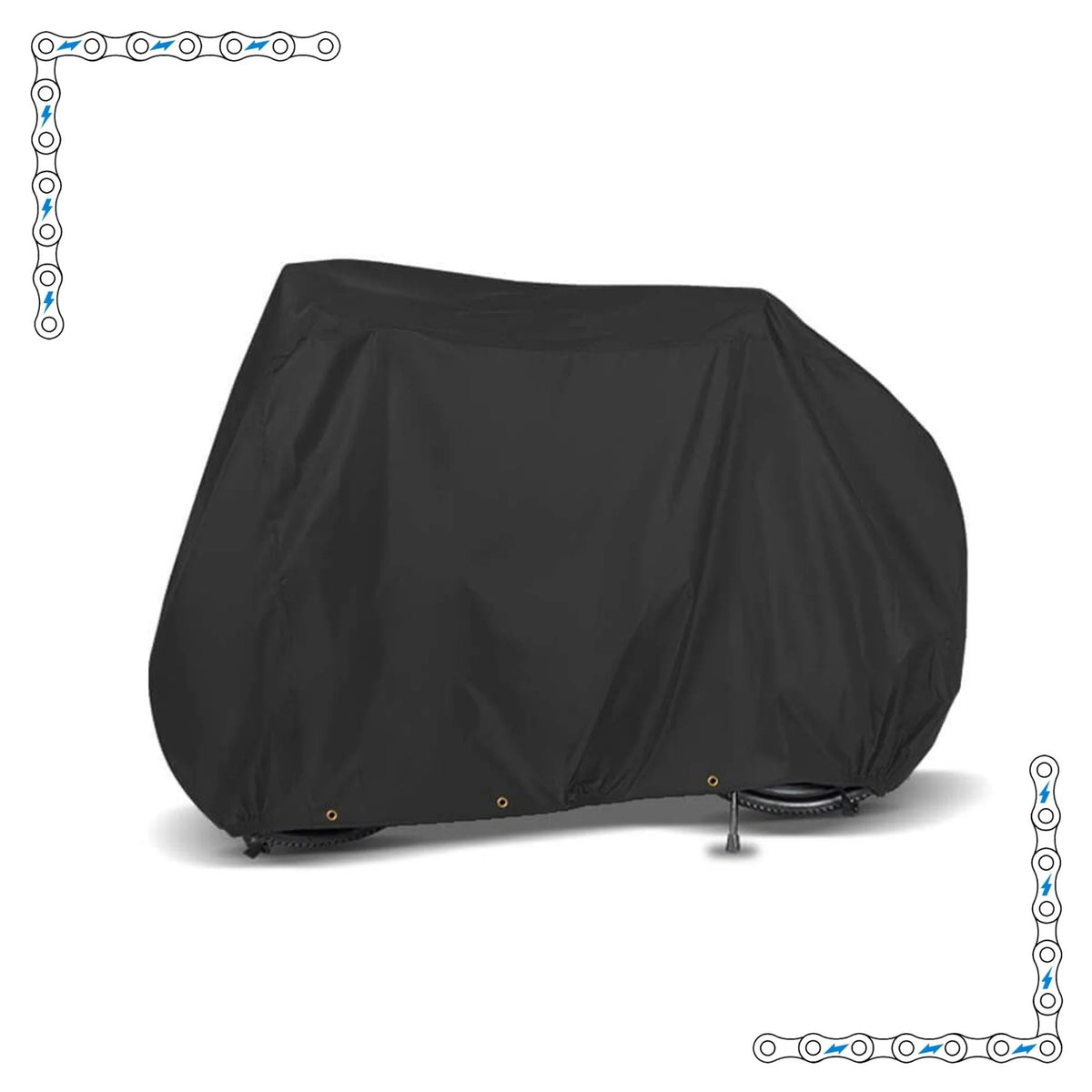 Extra-large black eBike cover draped over an electric bicycle, fully protecting the bike from top to bottom, shown against a plain white background.