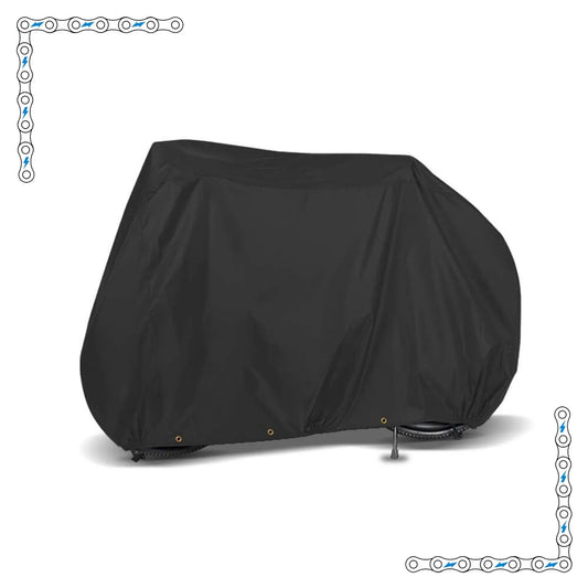 Extra-large black eBike cover draped over an electric bicycle, fully protecting the bike from top to bottom, shown against a plain white background.