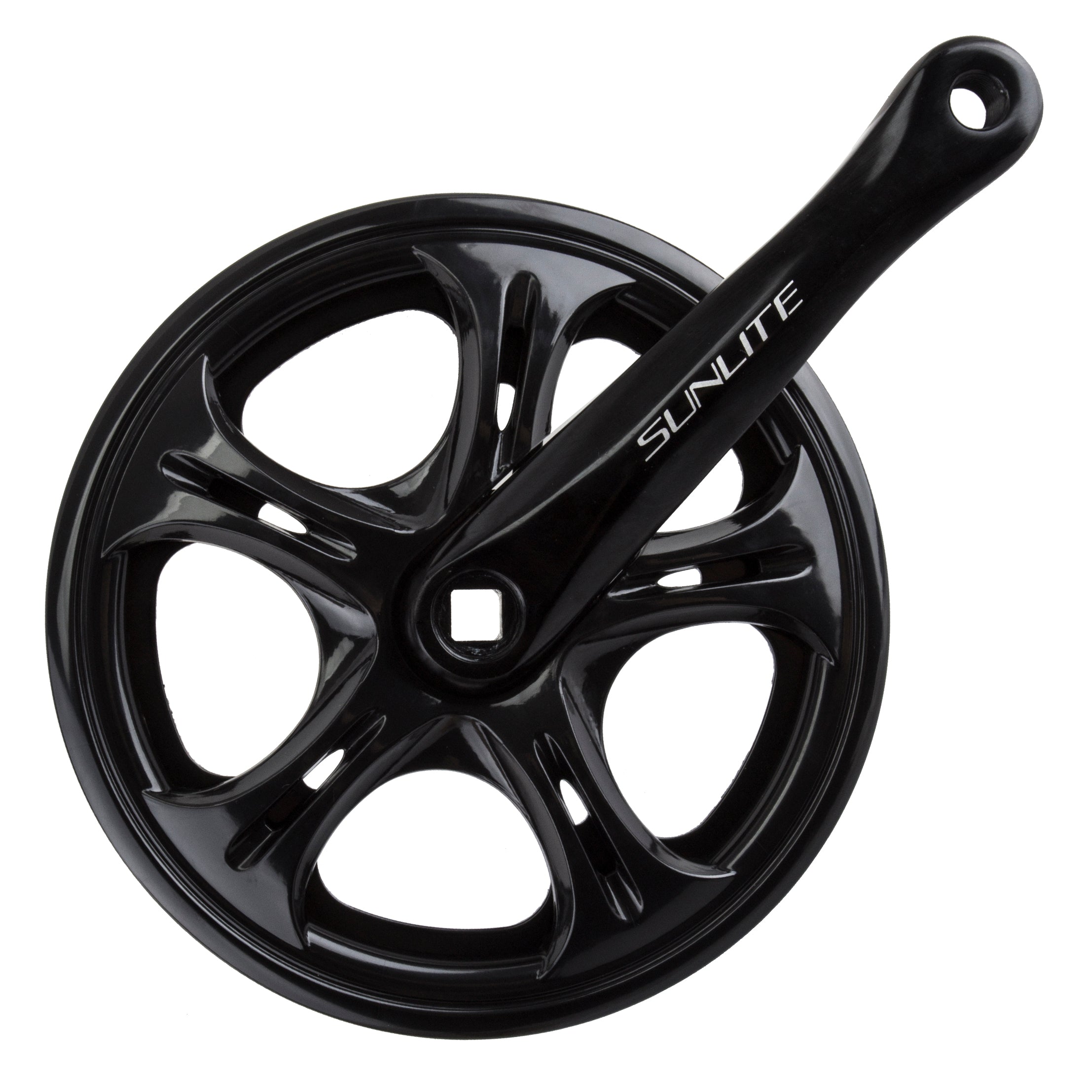Single speed eBike crank set with attached crank arms, black finish, displayed on a white background.