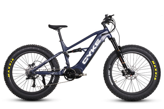 Dark blue eBike Cyke Falcon X electric bicycle, side view, on a plain background.