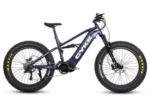 Dark blue eBike Cyke Falcon X electric bicycle, side view, on a plain background