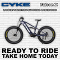 Dark blue eBike Cyke Falcon X electric bicycle, side view, against a plain background.