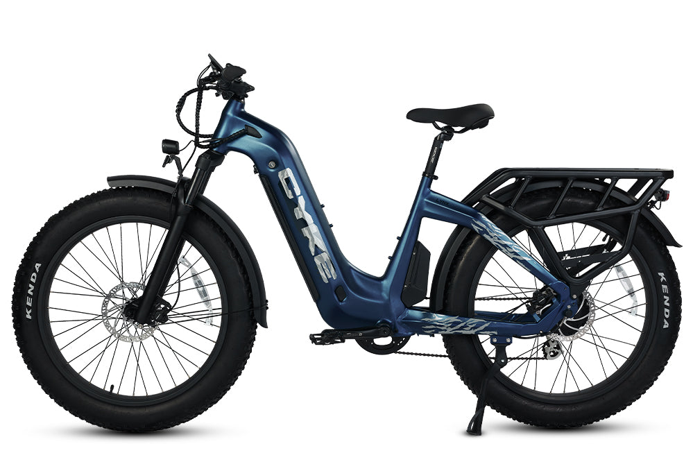 Classic blue eBike Cyke Lynx, side view, showcasing sleek frame and modern design