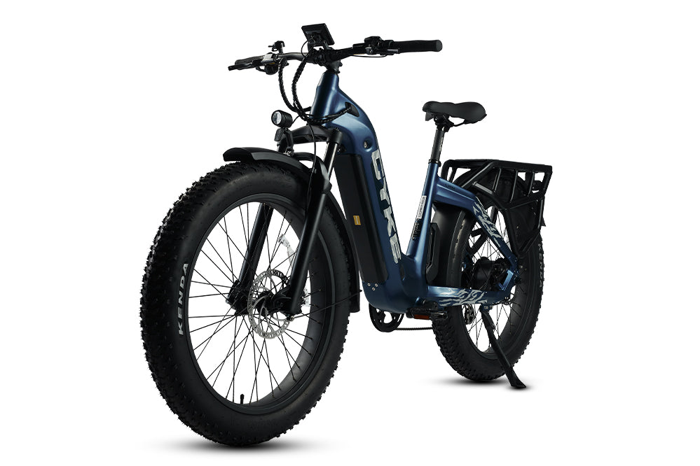 Classic blue eBike Cyke Lynx, side view, showcasing sleek frame and modern design