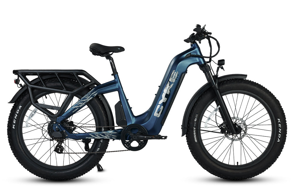Classic blue eBike Cyke Lynx electric bicycle, side view, on a white background